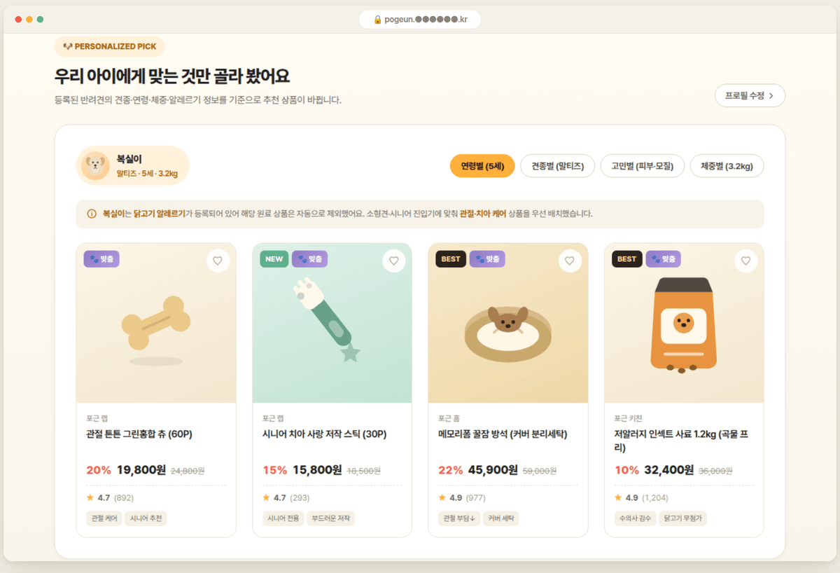 반려견 프로필 기반 맞춤 큐레이션 화면 — 연령별·견종별·고민별·체중별 탭과 알레르기 자동 제외 안내